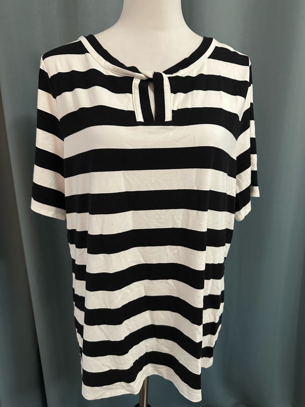 Talbots 1X Black White Stripe Tie Neck Top